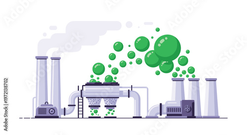 A complex industrial facility features tall chimneys emitting soft grey smoke while a central processing unit releases a cluster of vibrant green bubbles.
