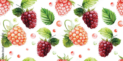 watercolor strawberries berry Seamless pattern on white background red berries with leaves for fabric design, rustic kitchen textiles, packaging and botanical print projects