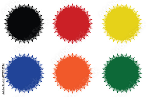 Six abstract oval shapes in primary and secondary colors with rough edges