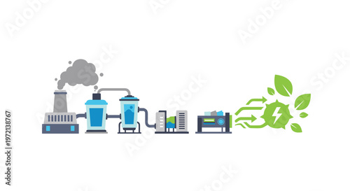 An intricate industrial filtration system converts dark grey factory emissions into vibrant green foliage and bright yellow electricity symbols across a pristine white backdrop.