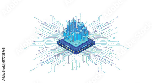 A sophisticated blue microchip serves as the foundation for a futuristic city constructed from translucent crystalline towers connected by intricate glowing circuit pathways.