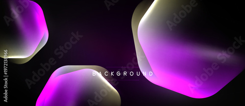 Abstract shapes overlap dark background. Vibrant purple, pink hues dominate with golden highlights. Modern design, smooth gradients present.