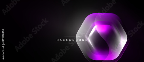 Dark background features layered hexagon shapes. Vibrant purple glows emanate from center, creating modern aesthetic. Minimalist design.
