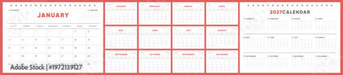 2027 Monthly Calendar template set. Clean coral red calendar for 2027 with full weekday names and annual overview. Week starts on Sunday.
