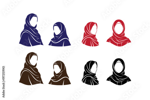 Muslim Woman Hijab Headscarf Silhouette Set with Colorful Profile Outlines
