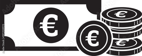 Euro money icons set, currency banknote coin stack, finance symbol illustration, economy cash design, savings investment European financial concept