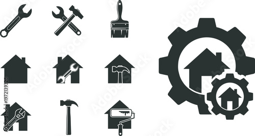 Home repair icons set, construction tools symbols, maintenance equipment illustration, renovation design, wrench hammer paintbrush roller house gear improvement