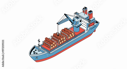 Isometric Cargo Ship Carrying Timber Logs for Maritime Logistics and Wood Industry