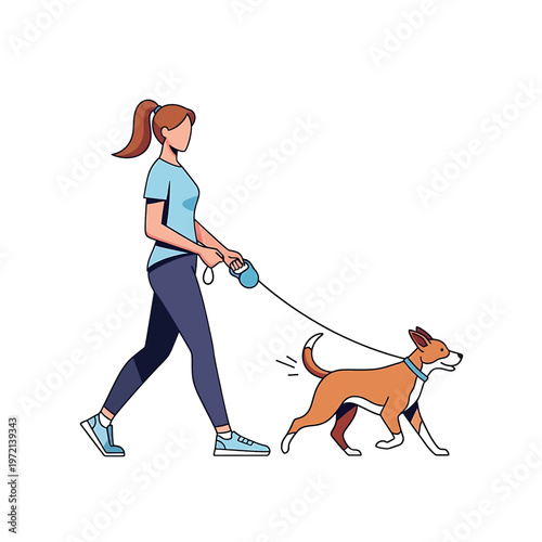 Woman Walking Dog on Leash Outdoors.