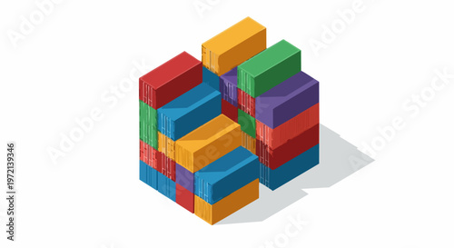 Isometric 3D Illustration of Colorful Cargo Containers Stacked for Logistics and Global Shipping