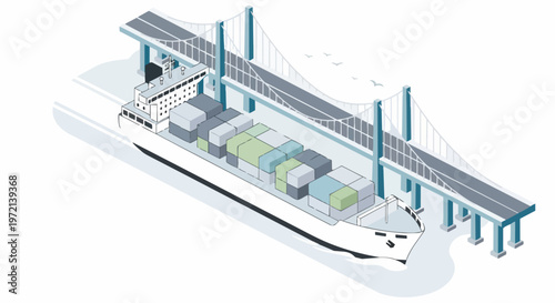 Isometric Illustration of a Container Cargo Ship Passing Under a Suspension Bridge for Global Logistics and Shipping Concept