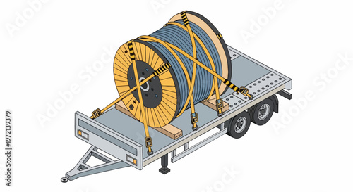 Isometric Illustration of a Large Industrial Cable Reel Secured with Straps on a Flatbed Trailer for Heavy Duty Logistics and Transportation