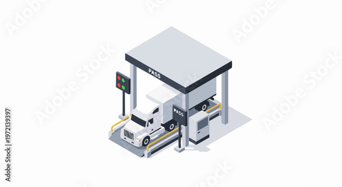 Isometric White Semi-Truck Passing Through Automated Weigh Station and Security Checkpoint for Logistics and Transport Illustration