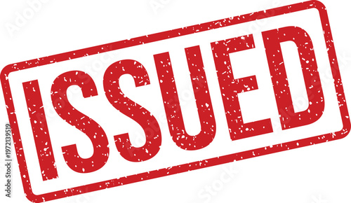 A vibrant red rectangular rubber stamp showing the clearly visible word ISSUED on a pristine white surface