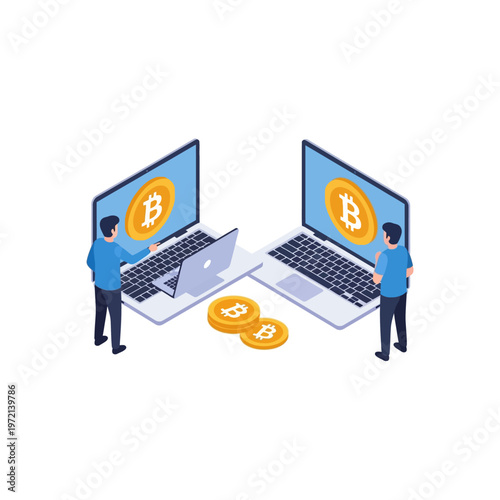 Two individuals engaged in cryptocurrency mining using laptops with Bitcoin symbols displayed on screens, surrounded by physical Bitcoin coins.