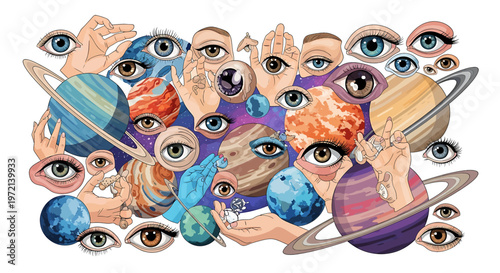 Eyes and Planets Collage Artwork Design.
