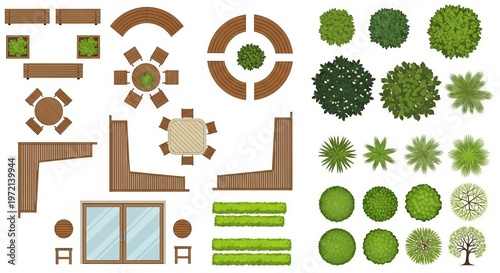Top view outdoor furniture plants benches tables shrubs garden patio design architecture illustration photo