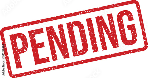 A vivid red rectangular distressed rubber stamp highlighting the word PENDING on a pristine white background