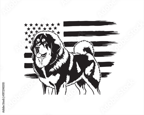 Alaskan Malamute Dog with American Flag Background – Patriotic Line Art Vector Illustration
