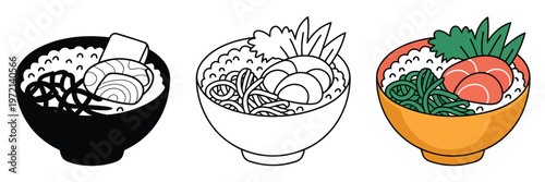 healthy poke bowl with rice, raw fish and mixed vegetables, nutritious meal concept, fresh ingredients, balanced diet idea, colorful food styling, clean composition suitable for food photography