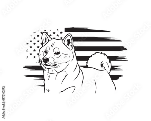 Shiba Inu Dog with American Flag Background – Patriotic Line Art Vector Illustration