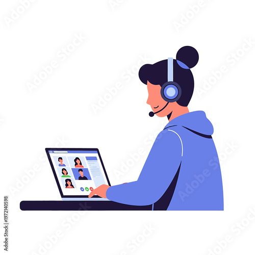 Woman wearing headset using laptop computer.