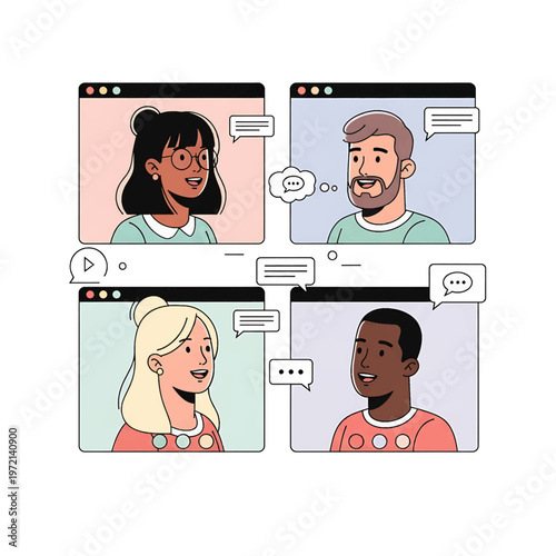 Diverse people chatting on computers.