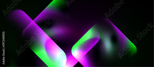 Abstract shapes overlap, creating vibrant purple, green gradients. Dark background emphasizes luminous forms, suggesting movement, energy.