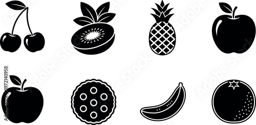 Fruit solid icons set with apple banana pineapple cherry kiwi and citrus symbols for healthy food design and grocery applications