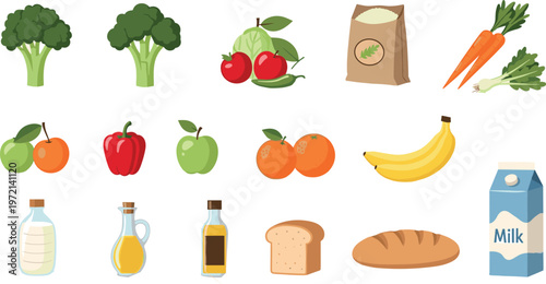 Grocery food icon set with fruits vegetables bread and dairy in colorful flat vector style