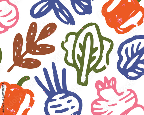 Colorful vegetable sketches pattern with artistic hand drawn garden food elements in seamless design.