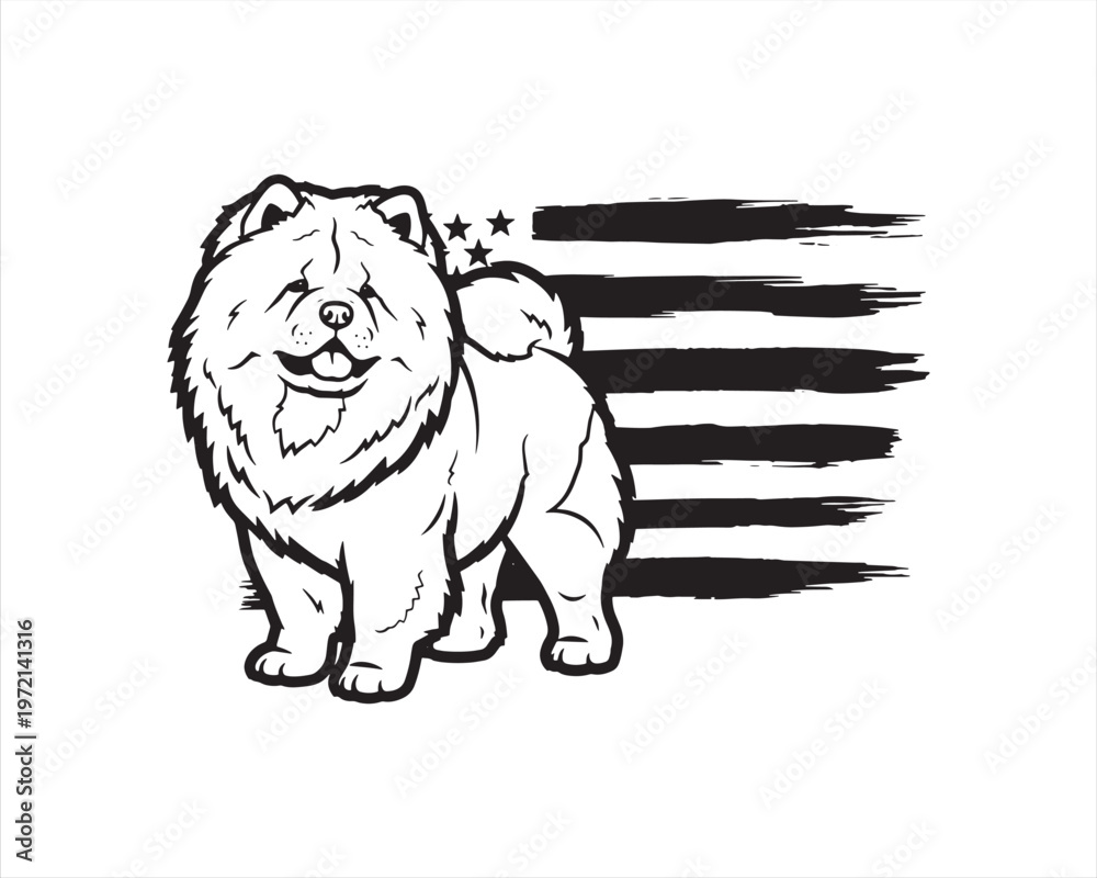 Fototapeta premium Chow Chow Dog with American Flag Patriotic Vintage Illustration