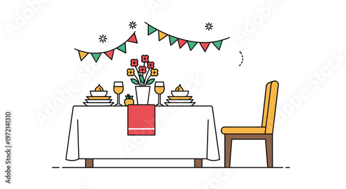 A festive dining table is meticulously decorated with a floral vase and colorful bunting flags next to a single yellow chair in a line-art style.