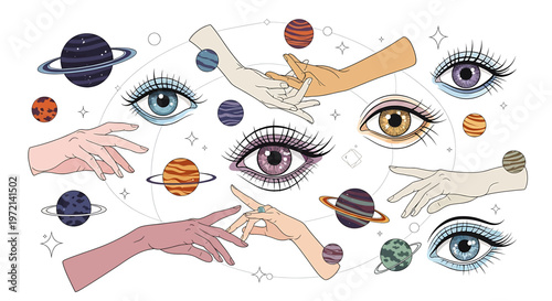 Hands and eyes reaching for planets 1.