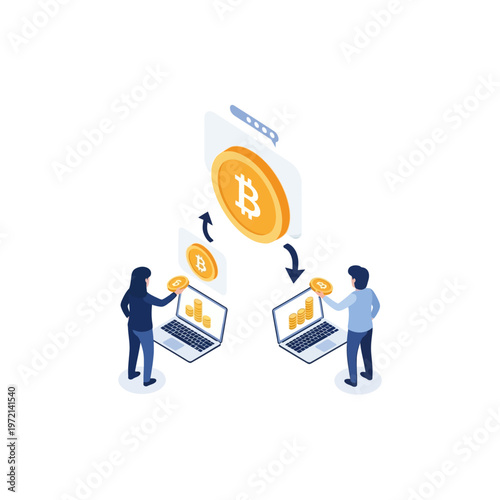 Two people exchanging cryptocurrency using laptops in a digital transaction.