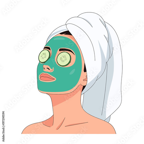 Woman with green face mask and cucumbers.