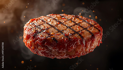 Grilled beefsteak with smoke on dark background, close up