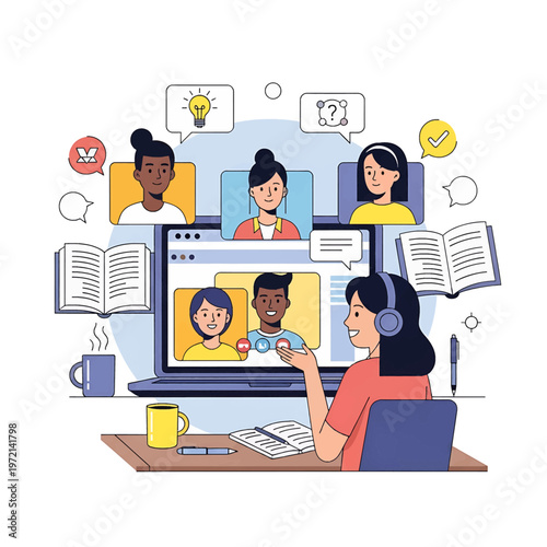 woman wearing headphones working on computer.