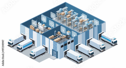 Isometric Modern Cold Storage Warehouse and Logistics Center with Refrigerated Trucks and Industrial Storage