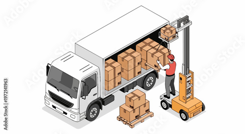 Isometric Delivery Truck Loading with Forklift and Worker in Warehouse Logistics Scene