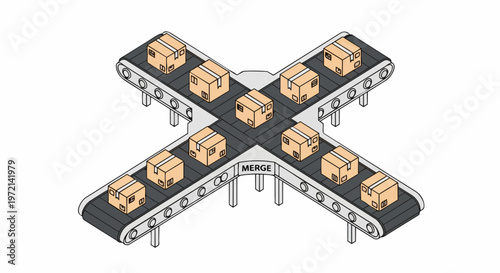 Isometric Logistics Illustration of Cardboard Boxes Merging on a Conveyor Belt System; Concept for Supply Chain Efficiency and Warehouse Distribution