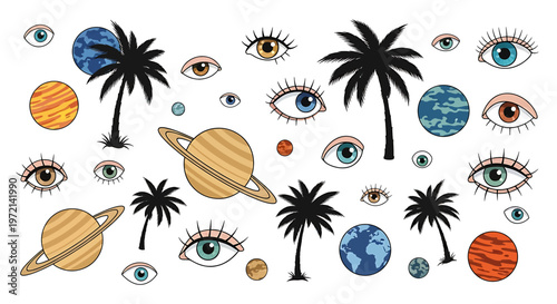 Eyes and planets with palm trees.