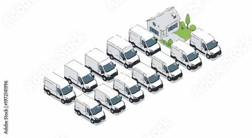 Isometric Fleet of White Delivery Vans Parked in Front of a Residential House, Logistics and Moving Service Concept Illustration