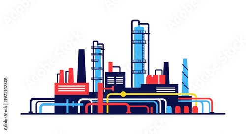 Industrial Oil Refinery and Chemical Plant Facility Flat Design Vector Illustration with Distillation Towers