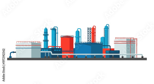 Modern Oil Storage Terminal and Chemical Refinery Plant Industrial Vector Illustration.