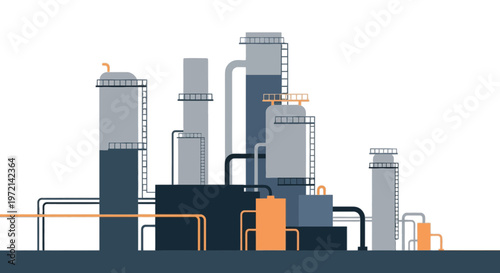 Industrial Oil Refinery and Factory Plant Vector Illustration in Flat Design Style with Tanks and Pipelines.