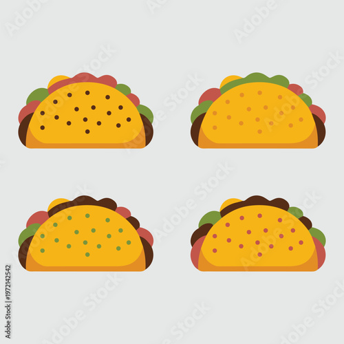 Four cartoon tacos with crunchy shells, fresh lettuce, and savory fillings arranged in a square grid