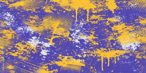 Abstract a dynamic and creative explosion of vibrant hues, where strokes of yellow cascade and mingle with the depth of purple.