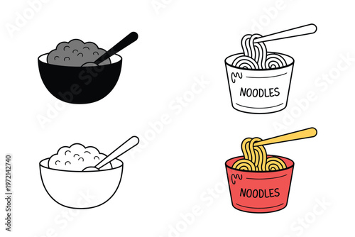healthy vs unhealthy food comparison featuring brown rice bowl and instant noodles cup, balanced diet concept, nutrition contrast, clean eating and convenience food illustration, modern stock image