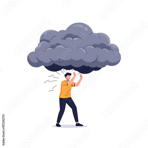 Man struggling under heavy cloud weight.